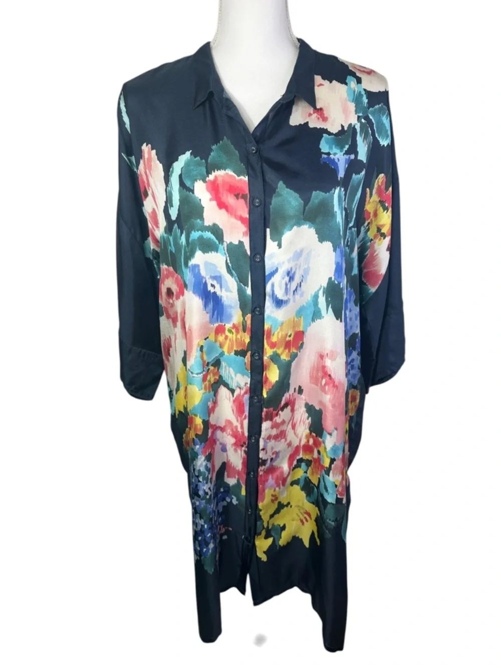 Johnny Was Malani Silk Floral Button Front Tunic Blouse S Blue Multicolor Boho - Picture 2 of 11